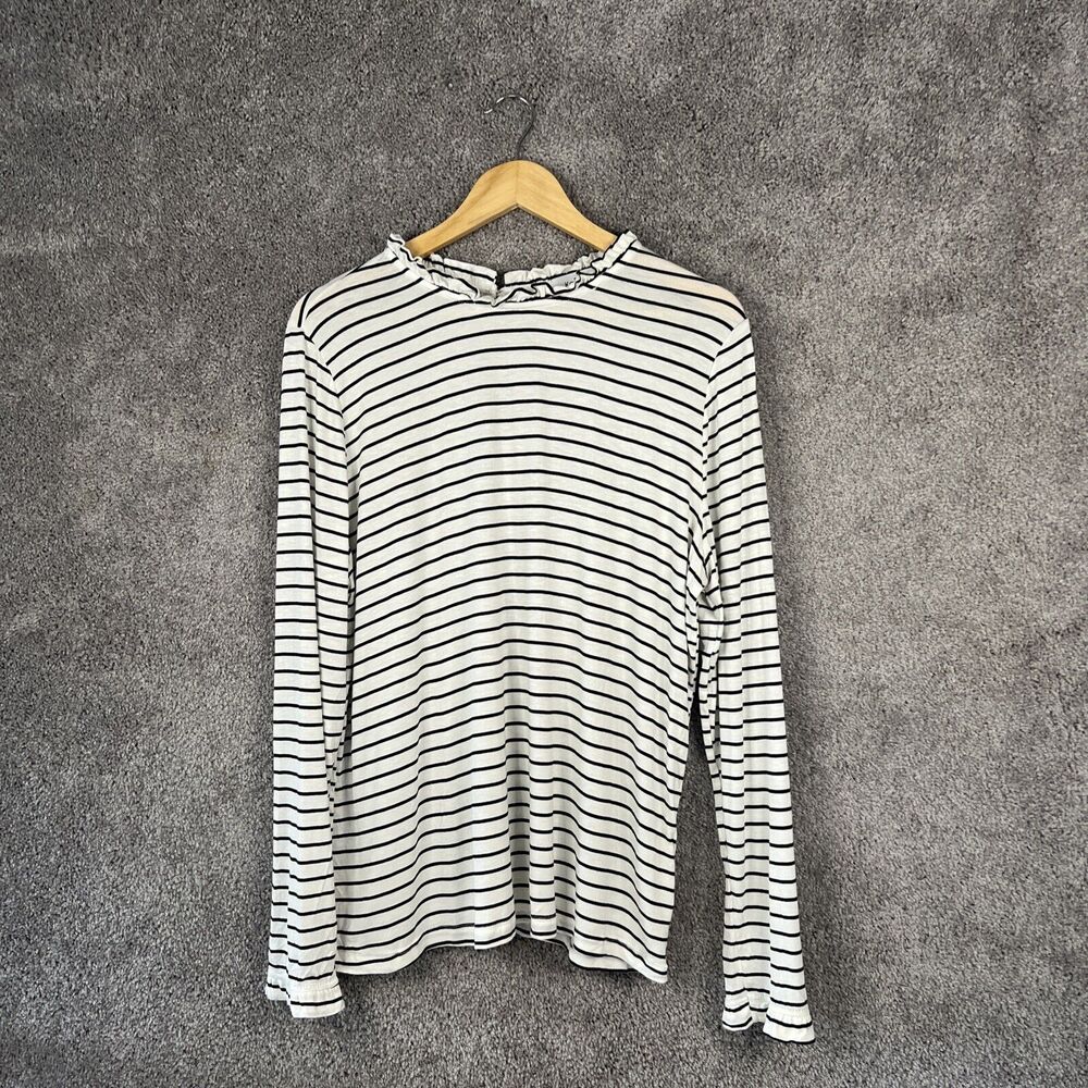 Kaileigh Shirt Womens Large Ruffle Neck White Black Stripe Long Sleeve Knit Top